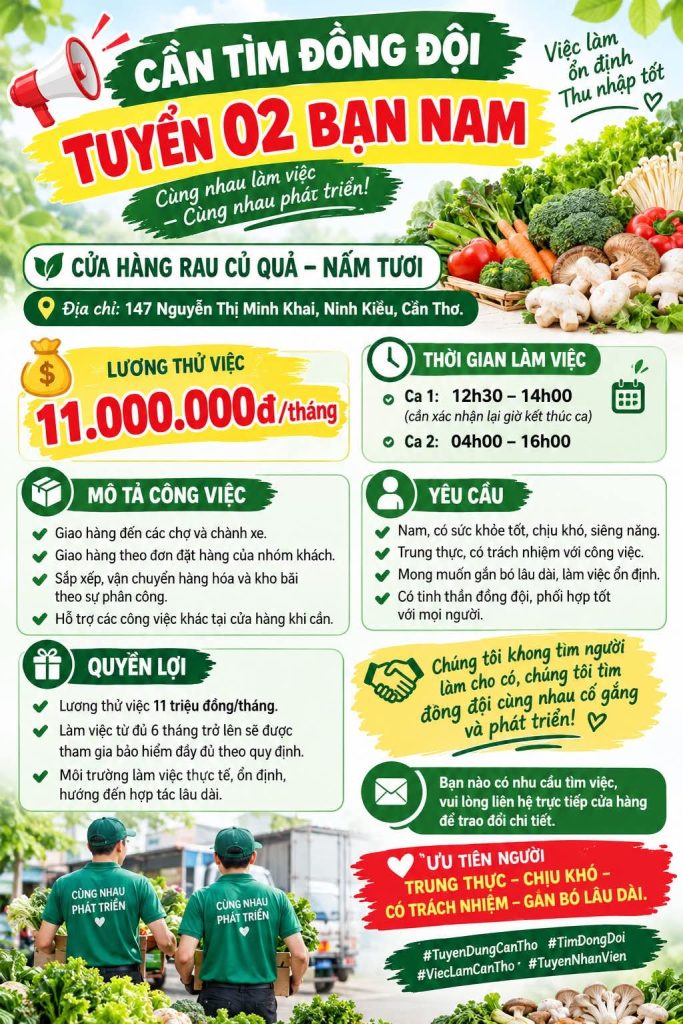 Tuyển dụng Nhân viên giao hàng Cần Thơ Hôm Nay
